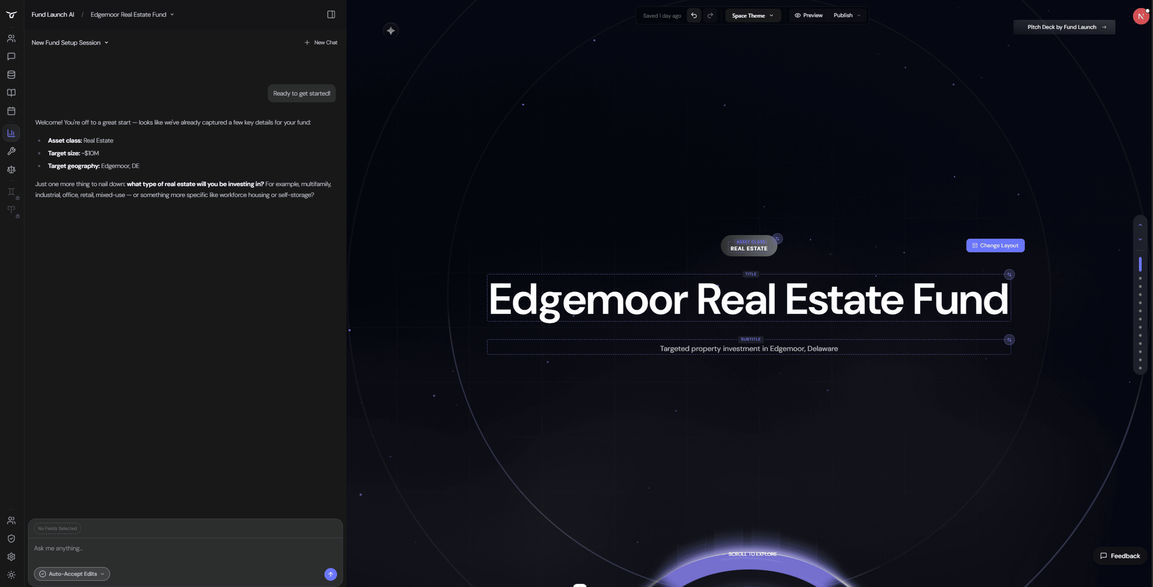 Fund Launch AI platform screens showing scrolldecks, legal templates, and fund builder workflows